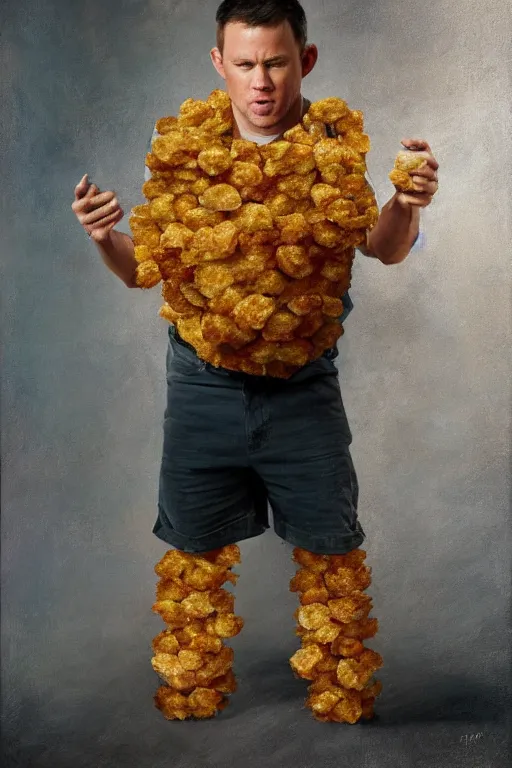 Image similar to channing tatum in a tater tot costume, oil on canvas, intricate, portrait, 8 k highly professionally detailed, hdr, cgsociety