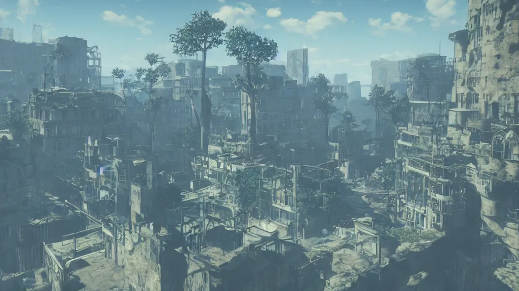 Image similar to Screenshot from Nier Automata, beautiful landscape in Marseille