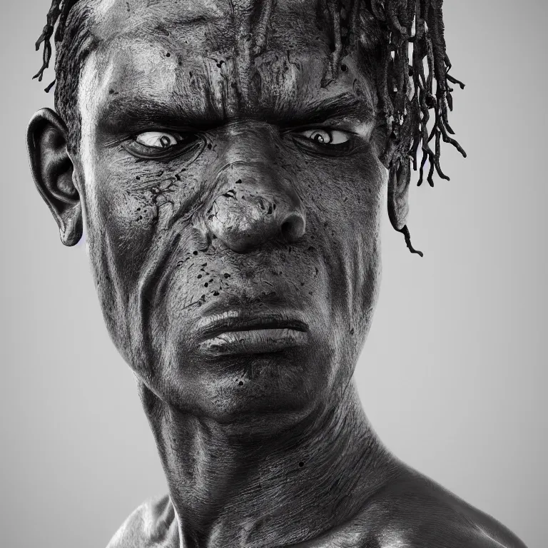 Image similar to surreal spinal ribbed tribal exotic organic face portrait of a beautiful muscled aboriginal man, beautiful detailed intricate insanely detailed BW 3D render digital art, octane render, 8K artistic photography, photorealistic