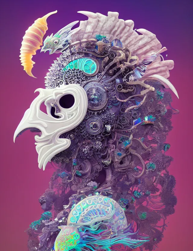 Image similar to 3 d goddess close - up profile solarpunk portrait ram skull. beautiful intricately detailed japanese crow kitsune mask and clasical japanese kimono. betta fish, jellyfish phoenix, bio luminescent, plasma, ice, water, wind, creature, artwork by tooth wu and wlop and beeple and greg rutkowski