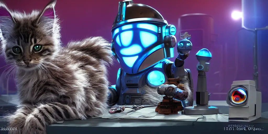 Image similar to a 3 d rendered movie still a cute robot in the shape of an adorable cyberpunk robot as a maine coon kitten. in the background is a cyberpunk cat tree with rgb ambient dramatic lighting. digital art. science fiction blockbuster movie from the future, imax 7 0 mm. style of mandalorian ( american space western television series )
