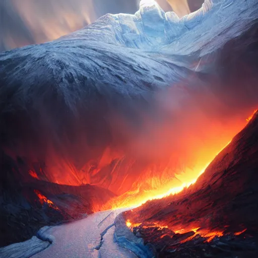 Prompt: alaskan glacier on fire, dim volumetric lighting, 8 k octane beautifully detailed render, post - processing, extremely hyper - detailed, intricate, epic composition, giant bananas natural disaster, cinematic lighting, masterpiece, trending on artstation, detailed detailed detailed, masterpiece, stunning art by anders zorn, wonderful masterpiece by greg rutkowski, beautiful cinematic light