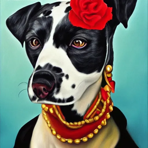 Prompt: A portrait of female Dalmatian dog as Frida Kahlo, oil painting, hyper realistic,