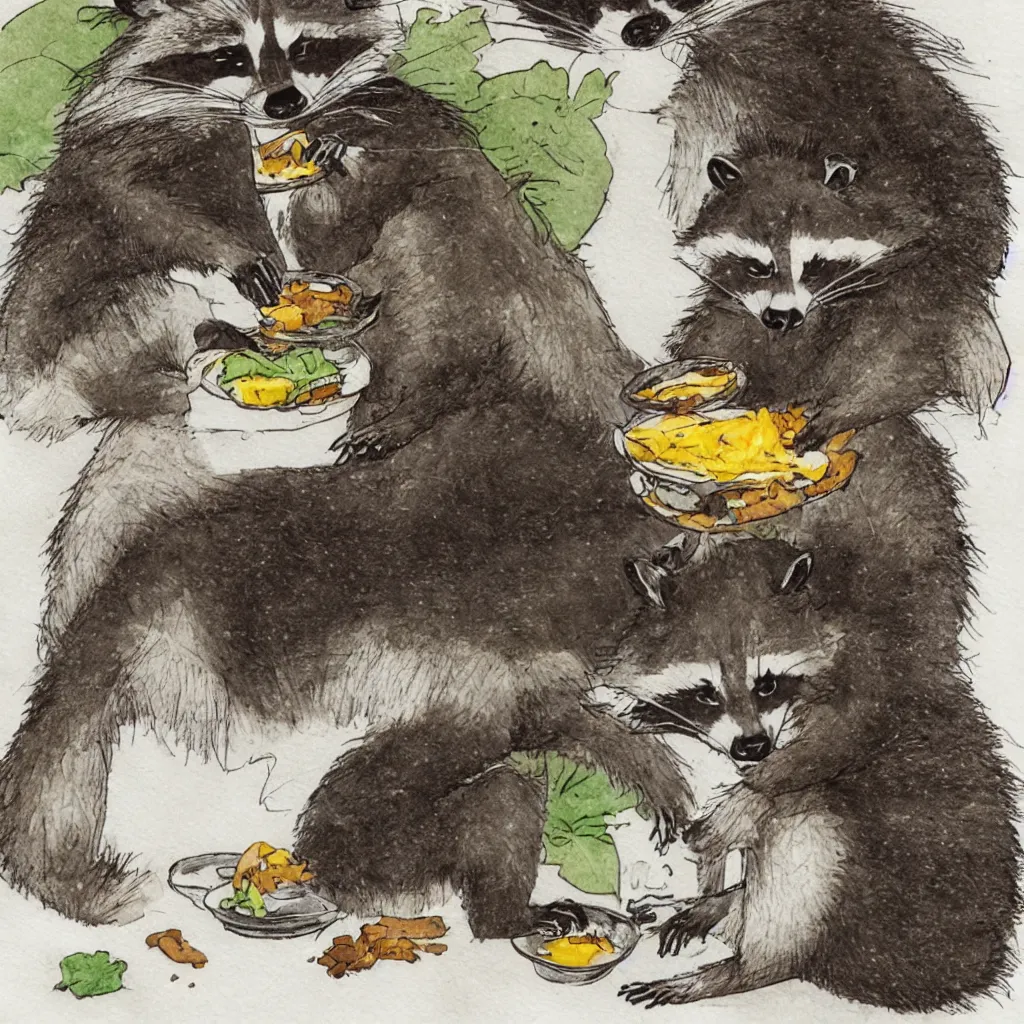 Prompt: raccoon eating bruger from macdonald and sitting in a room with nothing, studio light, in the style of comic