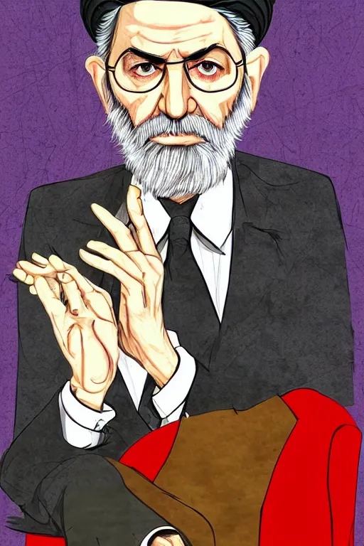 Prompt: khamenei, with quotes : destroy destroy america, pointing index finger, delete duplicating content, delete disable content, delete irregular content, hyperrealistic anatomy content, violet polsangi pop art, gta chinatown wars art style, extreme quality masterpiece, bioshock infinite art style, incrinate, 2 color, white frame, content balance proportion