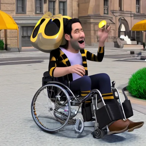 Image similar to 3 d render of paul rudd in a wheelchair, bee movie, 8 k, movie still