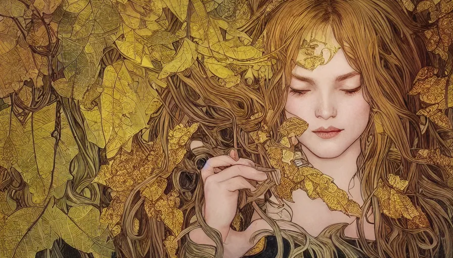 Image similar to golden leaves at frame border, magical lighting, creative!!! composition for a book cover!!!, absurdly beautiful, ultrafine hyperrealistic detailed old!! witch face by wlop and artgerm and alphonse mucha, intricate linework, sharp focus, smooth, octopath traveler, final fantasy, unreal engine, dramatic lighting, ethereal, 8 k