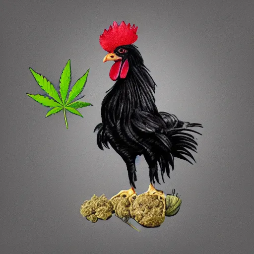 Image similar to adorable black rooster with a cannabis leaf tattoo design