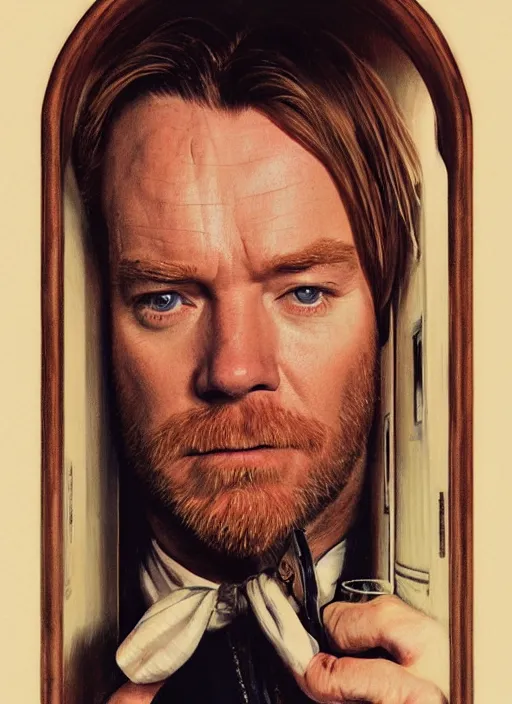 Image similar to portrait of Ewan Mcgregor in The Shining (1980), highly detailed, centered, solid color background, digital painting, artstation, concept art, smooth, sharp focus, illustration, artgerm, donato giancola, Joseph Christian Leyendecker, Les Edwards, Ed Repka, WLOP, Artgerm