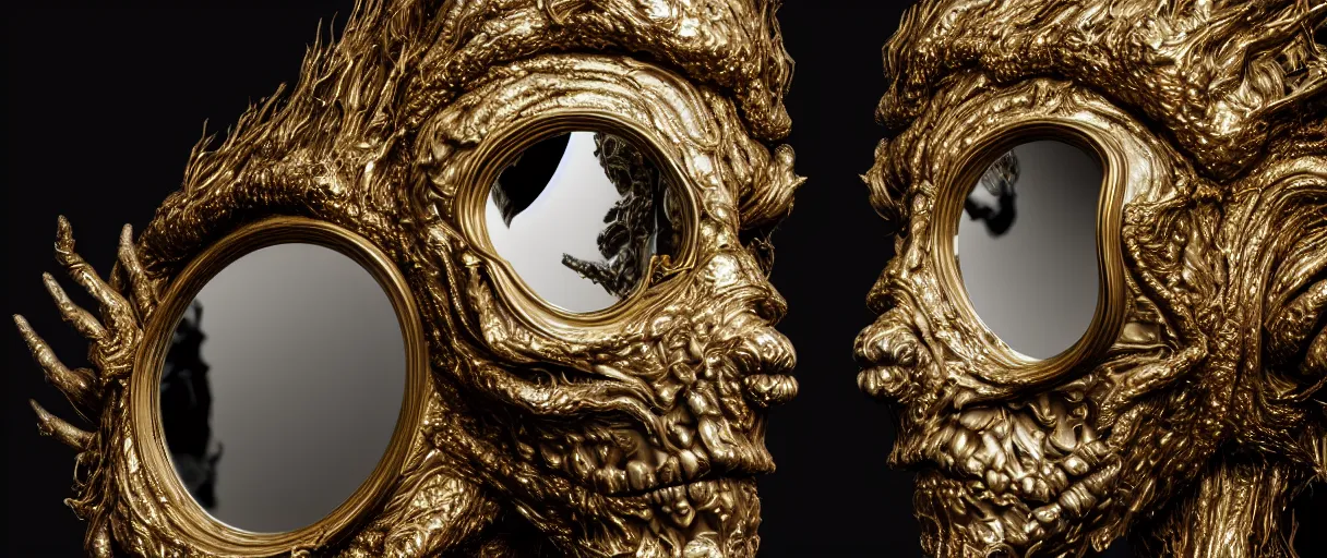 Image similar to hyperrealist highly detailed neo-baroque portrait of high fashion monster demon wearing reflective mirror mirrored reflection armor, concept art pascal blanche dramatic studio lighting 8k wide angle shallow depth of field