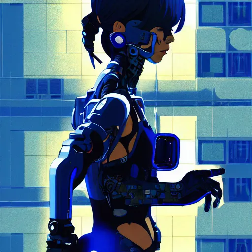 Image similar to cyborg - girl breaking into pieces as it walks down a street, highly detailed, painting, dark blue and black color palette, intricate, high quality anime artstyle, in the style of ilya kuvshinov