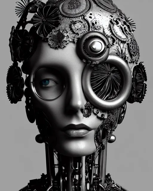 Image similar to black and white dreamy foggy smoky profile face portrait, one silver steampunk eye biomechanical beautiful young female cyclope - cyborg - robot bust, body ribs meshes,, volumetric light, hibiscus flowers, by hg giger, rim light, by dora maar and cecile beaton, big gothic fashion pearl embroidered collar, 8 k