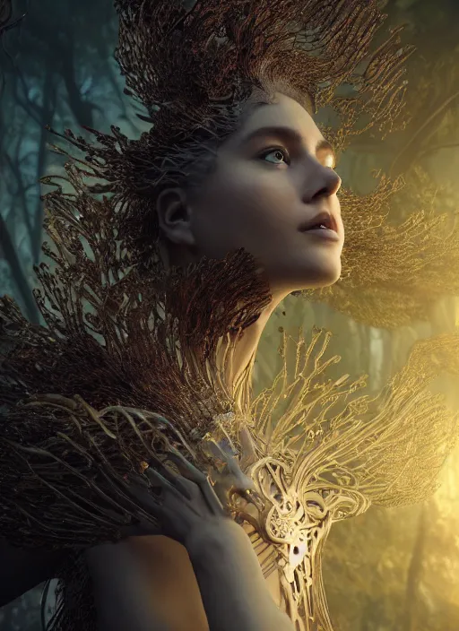 Image similar to beauteous sumptuous biomechanical incredible hair, crystalline masterpiece incrustations, hyperdetailed face, elegant pose, movie still, intricate, octane render, cinematic forest lighting, cgsociety, unreal engine, crepuscular rays, god rays