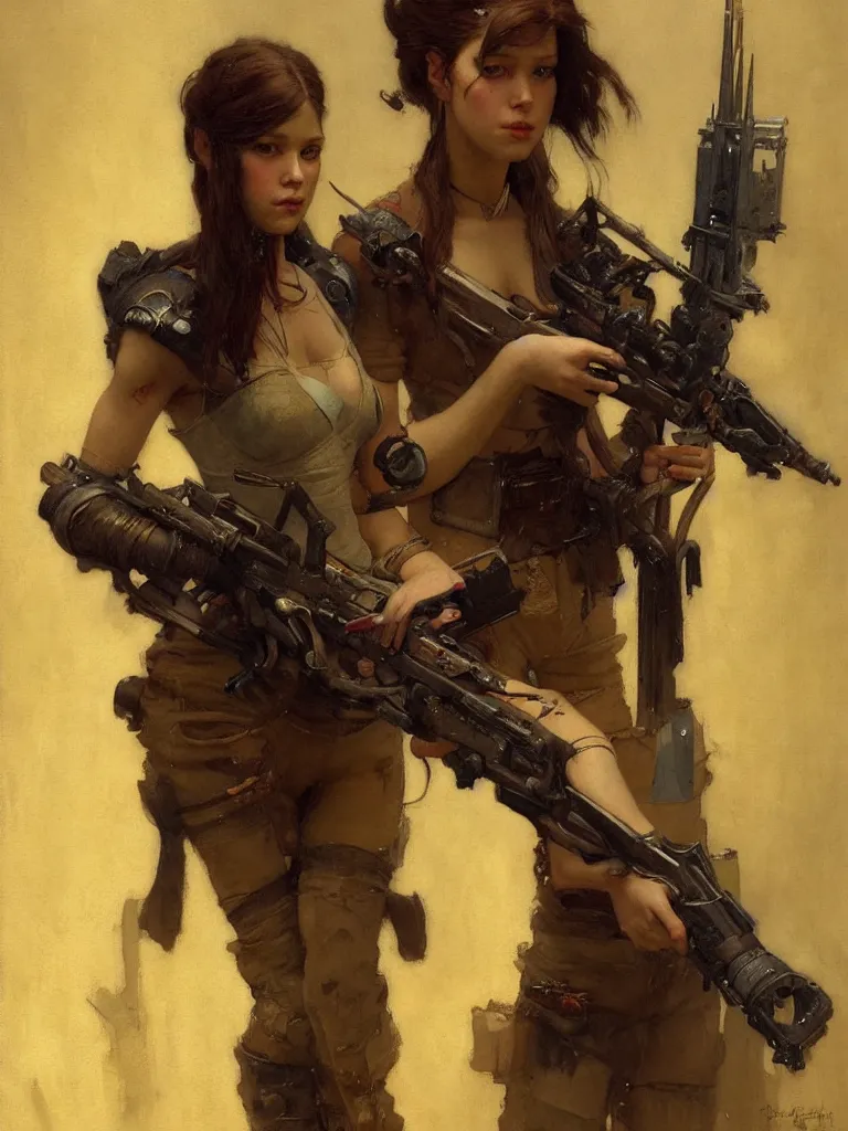 Image similar to portrait max mad cyberpunk, girl with a rifle character design, painting by gaston bussiere, katsuya terada, nc wyeth, greg rutkowski, craig mullins, vermeer, frank frazetta, tom of finland, trending on artstation, jeffery catherine jones