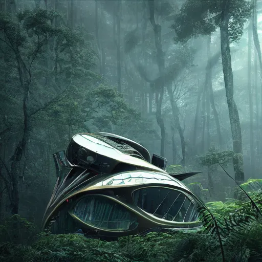 Image similar to a giant derelict metallic symmetrical spaceship crashed in a dense rainforest, foggy atmosphere, sharp details, photorealistic, octane render, god rays, cinematic lighting, immense scale