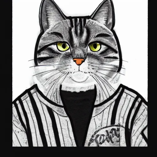 Image similar to Sketch of a gray and white cat wearing a letterman jacket, insanely detailed