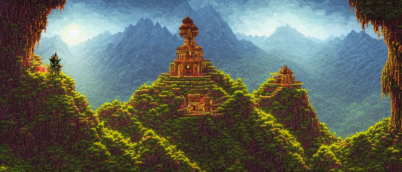 Image similar to mysterious cannabis temple in the mountains, fantasy landrace landscape, extremely detailed, sharp focus, pixelart, wide view, digital illustration, by dan mumford, greg rutowski, johan grenier