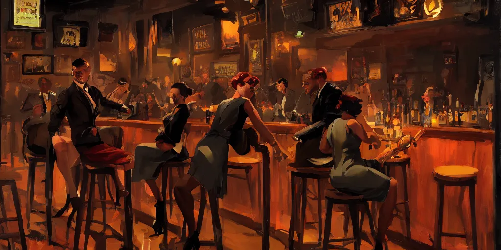 Image similar to a powerful woman is at the bar of a 4 0 s jazz club, warm color palette, night time, dramatic lighting, noir film, character sheet, fine details, high contrast, blacksad, kim jung gi, greg rutkowski, trending on artstation, 8 k, front view, back view, ultra wide angle