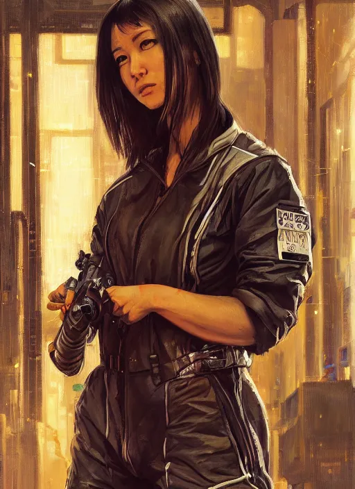 Image similar to Nikki Tanaka. Cyberpunk mechanic in jumpsuit (blade runner 2049, cyberpunk 2077). Orientalist portrait by john william waterhouse and James Gurney and Theodore Ralli and Nasreddine Dinet, oil on canvas. Cinematic, hyper realism, realistic proportions, dramatic lighting, high detail 4k