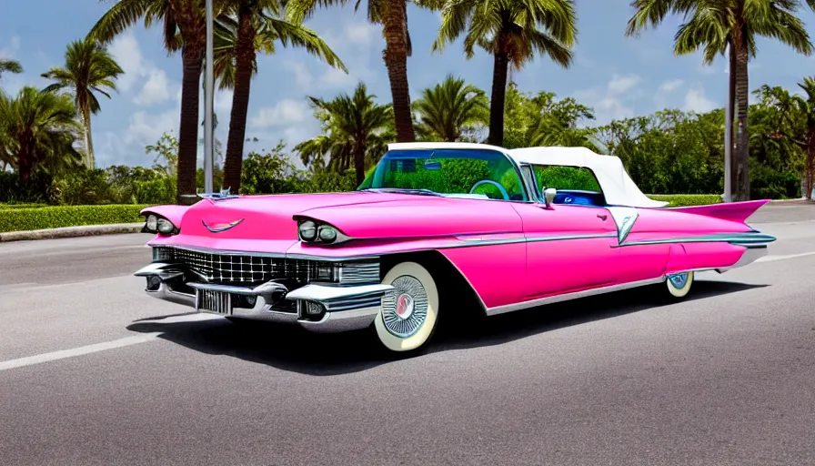 Image similar to highly detailed photograph of a 1 9 5 9 cadillac eldorado biarritz convertible, pink on a miami art deco hotel street with fat white haired women sitting inside laughing, vivid colors, 8 k resolution, hd