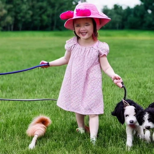 Prompt: a 2 years old baby girl walking on a big grass field with leashed dogs, the girl wear a big hat, the girl is smiling, dogs are playing, sky is bright