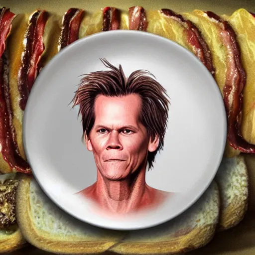 Image similar to ultra detailed kevin bacon on a slice of bacon in a hamburger rendered by octane digital painting inspired by arcimboldo