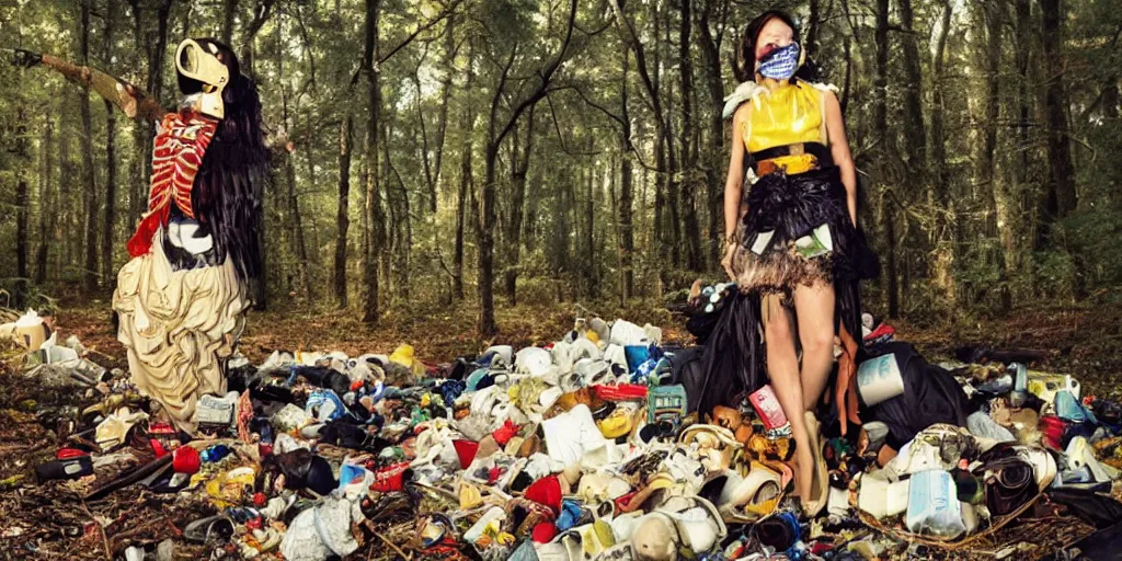 Prompt: a woman with a mask made of garbage and junk in a forest, golden hour, vogue magazine