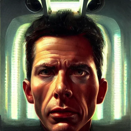 Image similar to detailed face of a michael mcinytre as a cyborg staring into space, utopian, tech noir, wet reflections, prism, atmospheric, ambient, pj crook, syd mead, livia prima, artgerm, greg rutkowski, nick alm, casey baugh