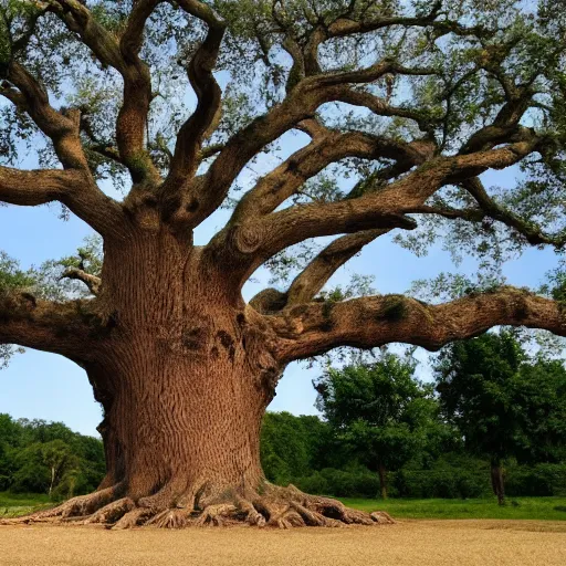 Prompt: oak tree as big as a building with people among the roots