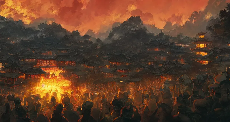 Image similar to craig mullins and ghibli digital art of zhongyuan festival in china ， lanterns ， unreal hell door with fire in the sky, black night sky, stars, below is the crowd, rivers, villages ， unreal engine, hyper realism, realistic shading, cinematic composition, realistic render, octane render, detailed textures, photorealistic, wide shot