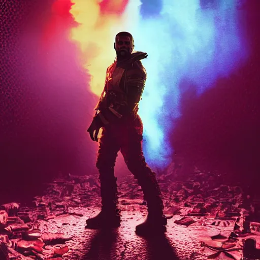 Image similar to Portrait of Kanye West as willy wonka in gears of war, splash art, movie still, cinematic lighting, dramatic, octane render, long lens, shallow depth of field, bokeh, anamorphic lens flare, 8k, hyper detailed, 35mm film grain