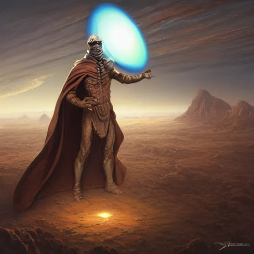 Image similar to masked nomad male wearing a cloak on an alien world and holding a holographic planet projection in his hand, detailed, sci - fi, digital painting, artstation, sharp focus, illustration, ominous, artgerm, tomasz alen kopera, peter mohrbacher, donato giancola, joseph christian leyendecker, wlop, frank frazetta