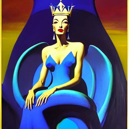 Image similar to an oil painting of a queen in a thierry mugler dress sitting on a throne, by bruce pennington, by eyvind earle, nicholas roerich, by frank frazetta, by georgia o keeffe, by dean cornwell, highly detailed, contest winner, eerie, ominous, tonalism, jewels, rich baghdad, oriental, desaturated, anime