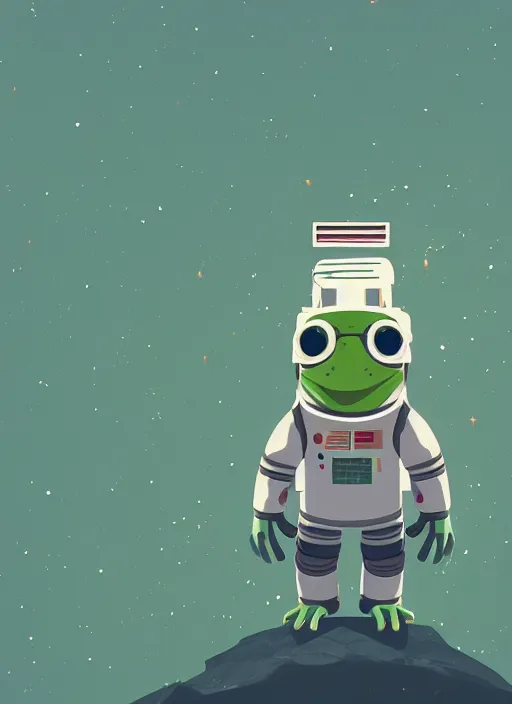 Image similar to a frog in a astronaut suit standing top of the earth, au naturel, hyper detailed, digital art, trending in artstation, cinematic lighting, studio quality, smooth render, unreal engine 5 rendered, octane rendered, art style by kurzgesagt