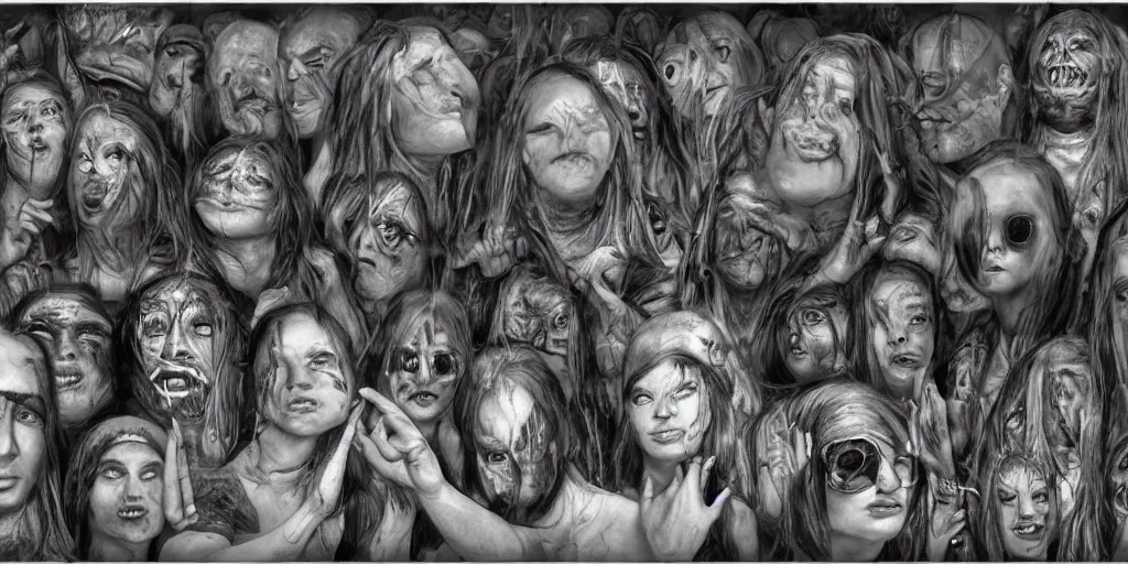 Image similar to Photorealistic people at woodstock 99 by H.R. Giger, KDA and Sam Yang, trending on artstation