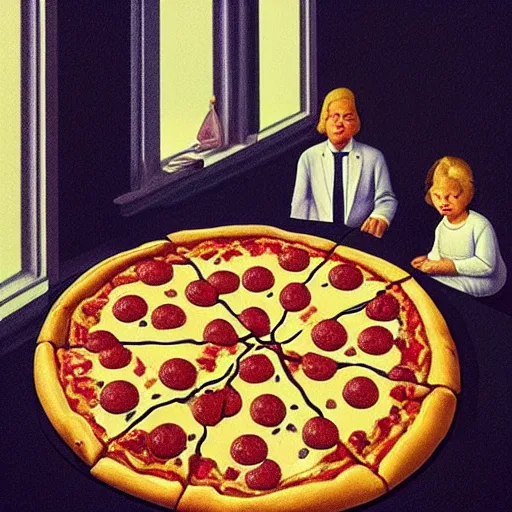 Prompt: A pizza seance, by Raphael Hopper, and Rene Magritte. Extremely Highly detailed, Occult, funny, humorous, humor, hilarious, funny, entertaining, magical, trending, influencer, Trending on artstationHQ