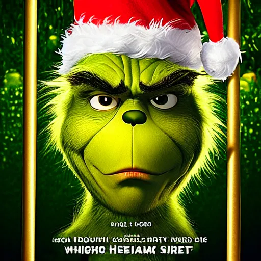 Prompt: The Grinch in maximum security prison behind bars, movie poster, indoors, highly detailed, portrait, 8k, smooth
