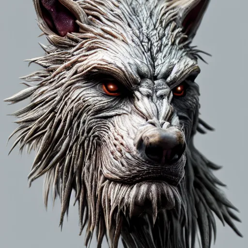Image similar to photo taken of an epic intricate, ultra detailed, super realistic gritty, terrifying, lifelike bust sculpture of a werewolf creature design, created by weta workshop, zoomed in shots, photorealistic, sharp focus, white wall coloured workshop, cold colour temperture, f 0. 4, face centred