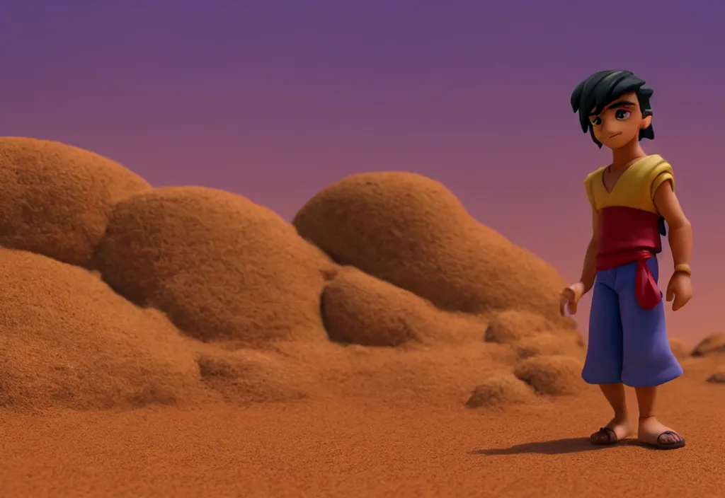 Image similar to side view of young aladdin as nendoroid walking in a desert village, 8 k, hd, dof, kodak film, volumetric lighting, subsurface scattering, photorealistic, octane render