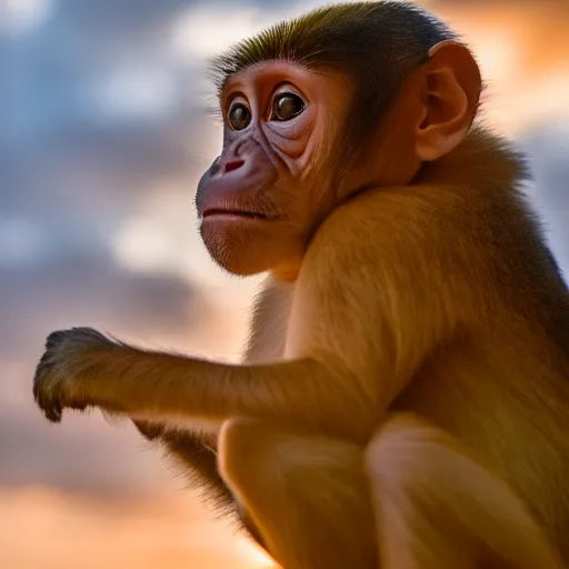 Image similar to stunning photo of a cloud shaped like a monkey, beautiful ambient light, golden hour, 85mm f1.8