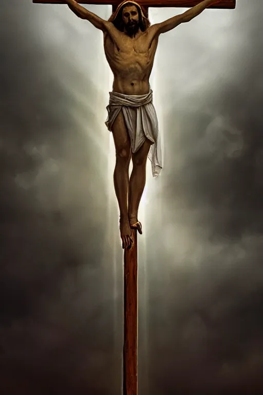 Prompt: jesus christ crucified and a light coming out of his chest, 8 k, hdr, great light, by greg rutkowski and annie leibowitz