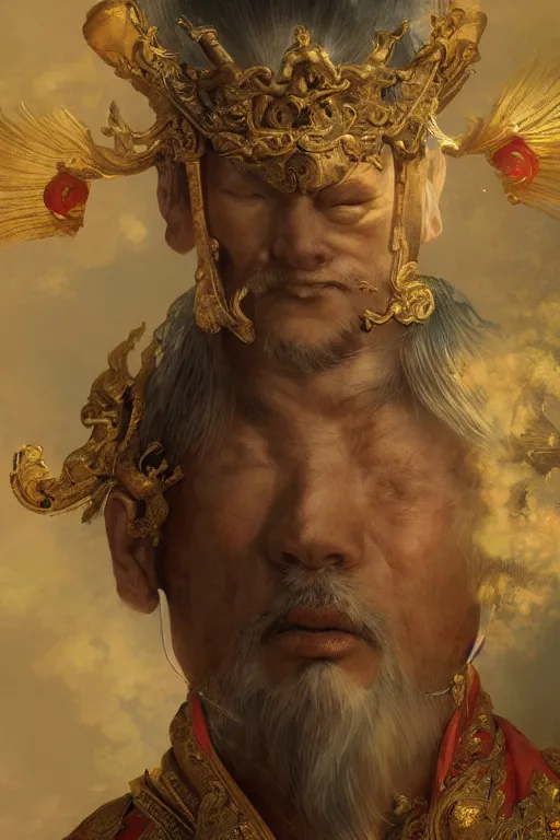 Image similar to chinese god, portrait, powerfull, intricate, elegant, volumetric lighting, scenery, digital painting, highly detailed, artstation, sharp focus, illustration, concept art, ruan jia, steve mccurry