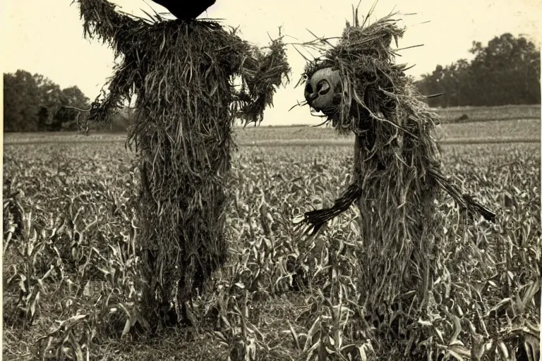 Image similar to horrifying scarecrow from the early 1 9 0 0's in the cornfields