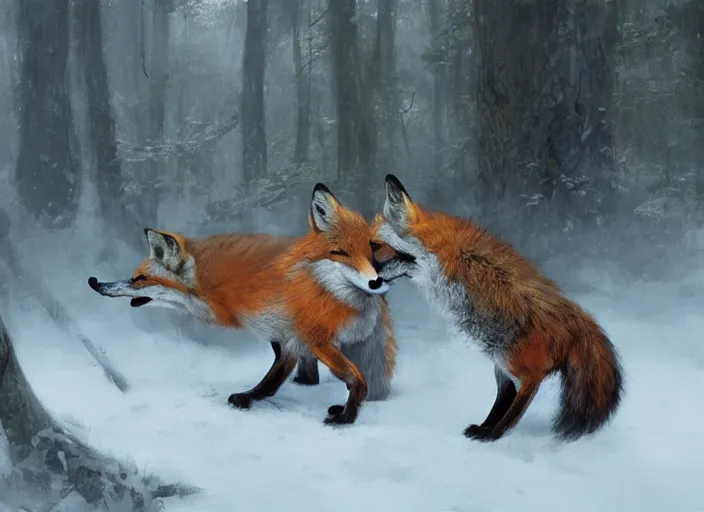 Prompt: foxes playing in the woods, digital painting, highly detailed, artstation, sharp focus, illustration, concept art, ruan jia, steve mccurry, amazing composition