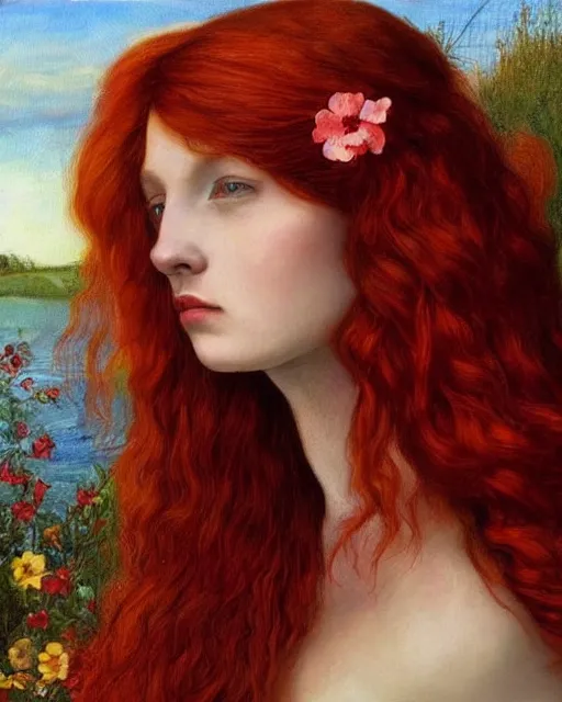 Image similar to a woman with long red hair and a flower in her hair, a photorealistic painting by Carla Wyzgala, pinterest, pre-raphaelitism, pre-raphaelite, enchanting, chiaroscuro