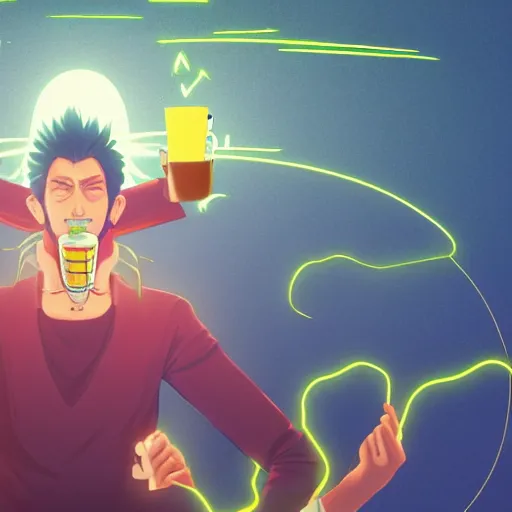 Image similar to A man drinking a cup of cosmic energy, bright light, by Masafumi Harada, 4k, digital art, surreal, anime style, space dandy style, highly detailed, godsend, artstation