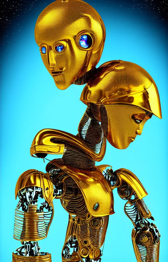 Image similar to portrait of a robot humanoid alien with golden armature, holographic face and medieval helmet. Galactic iridescent background in the style of Tim white and moebius