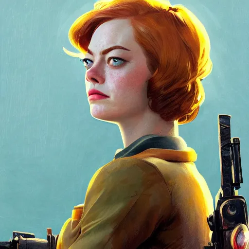 Prompt: Emma Stone as a character in Fallout 4, gorgeous, beautiful, intricate, highly detailed, digital painting, artstation, oppressive lighting, concept art, sharp focus, illustration, art by greg rutkowski and alphonse mucha