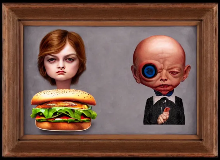 Prompt: the x - man made of x - burger, lowbrow, matte painting, 3 - d highly detailed, in the style of mark ryden,