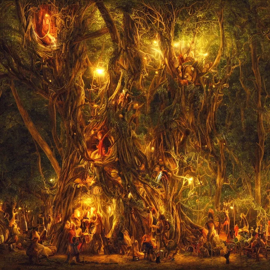 Prompt: closeup of a night carnival inside a tree cavity in a magical forest in the middle of a summer storm, with a music scenario with many fireworks and christmas lights, volumetric lightning, instense god rays in the sky, folklore people disguised with fantastic creatures in a magical forest by summer night, masterpiece painted by walter langley, scene by dark night environment, refraction lights,